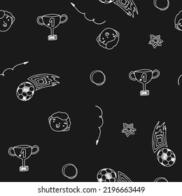 Cute Line Doodle Black Pattern With Sport, Soccer, Win. Seamless Background. Fabric Textile, Bedroom, Baby, Children.