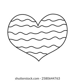 Cute line doodle cartoon heart with wavy horizontal lines in Y2k aesthetic. Retro love symbol from 90s and 00s. Hand drawn simple heart with print isolated on background. Nostalgia for 1990s vibes.