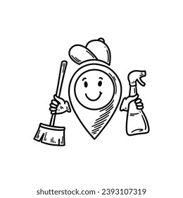 Cute line doodle cleaning location pin emoji. Freehand sketch pinpoint. Map address comic emoticon. Smiling funny character