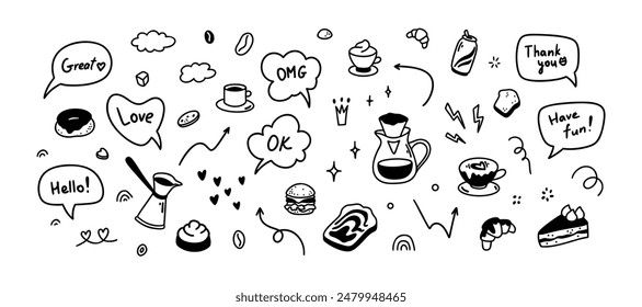 Cute line doodle coffee icons. Cafe, patisserie, confectionary concept. Have a nice day, hello, thank you, OMG speech bubbles. Food and drink minimalist elements. Breakfast, brunch, lunch menu drawing