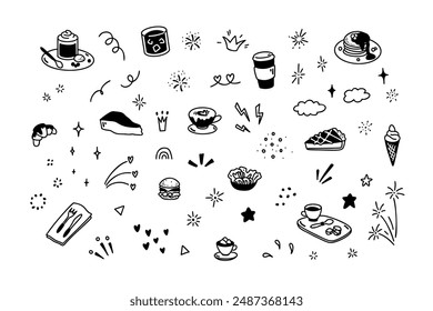 Cute line doodle coffee icons. Cafe line art minimalist design elements. Coffee day holiday celebration. Breakfast, brunch, lunch menu drawings. Sketch donut, cheesecake, burger, cup, mug, croissant