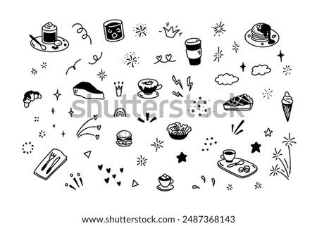 Cute line doodle coffee icons. Cafe line art minimalist design elements. Coffee day holiday celebration. Breakfast, brunch, lunch menu drawings. Sketch donut, cheesecake, burger, cup, mug, croissant