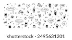 Cute line doodle coffee shop icon set. Hot and cold drinks, desserts, cake, sandwich, croissant. Hand drawn cafe and patisserie design elements. Crayon scribble and squiggle  drawings