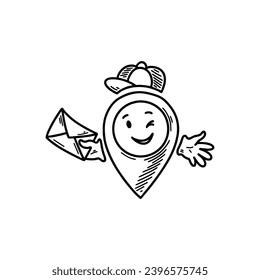La línea de línea de la ubicación de la oficina de entrega del doodle, pin emoji. Punto de inflexión de sketch a mano libre. Mapa de la dirección del emoticono cómico. Carácter gracioso sonriente
