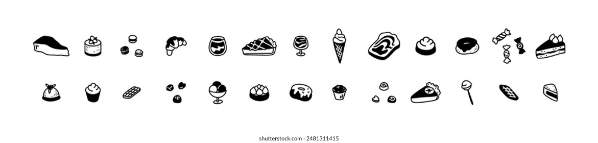 Cute line doodle dessert set. Cakes, apple and lemon pie, croissant, tiramisu, cookies, tartlets in sketch style. Bakery, cafe, coffeeshop, confectionery and patisserie. Minimalist food drawings