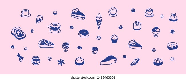 Cute line doodle dessert set. Cakes, apple and lemon pie, croissant, tiramisu, cookies, tartlets in sketch style. Bakery, cafe, coffeeshop, confectionery and patisserie design elements