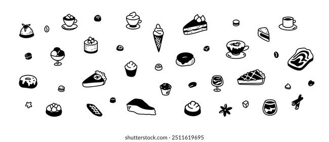 Cute line doodle dessert set. Cakes, apple and lemon pie, croissant, tiramisu, cookies, tartlets in sketch style. Bakery, cafe, coffeeshop and patisserie design elements. Minimalist food