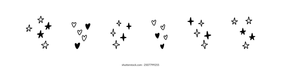 Cute line doodle falling stars and hearts. Followers reaction for live stream, social media post, customer feedback. Merry Christmas and happy New Year decoration