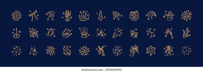 Cute line doodle golden icon set. Merry Christmas and Happy New year concept. Christmas tree balls and decorations, mistletoe, poinsettia flower, holly berries, festive candle, confetti, firework