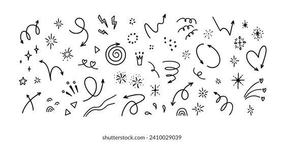 Conjunto de elementos de escritura a mano con doodle de línea corta. Flechas esquemáticas dibujadas a mano, brillo, estrellas, confeti, fuegos artificiales, corazón, ráfagas. Iconos decorativos sencillos de vacaciones, sorpresa, celebración