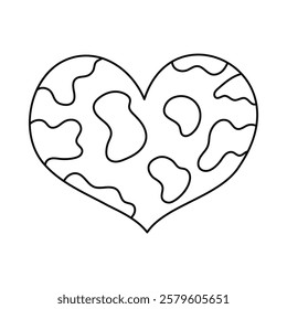 Cute line doodle heart with cow pattern in Y2k aesthetic. Retro love symbol with abstract blob from 90s, 00s. Hand drawn simple heart with animal print isolated on white. Nostalgia for 1990s vibes