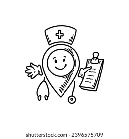 Cute line doodle hospital location pin emoji. Freehand sketch pinpoint. Map address comic emoticon. Smiling funny character