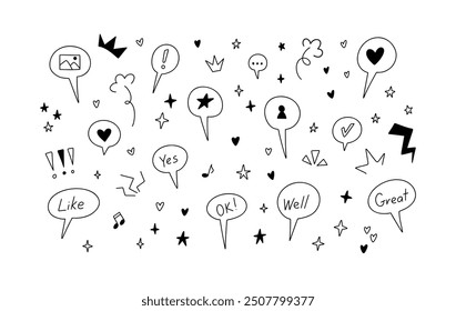 Cute line doodle icon set. Spech bubbles, exclamation mark, motion and movement expression, emphasis, highlight illustration. Crayon, pen, pencil scribble, squiggle, swooch. Grunge emo concept