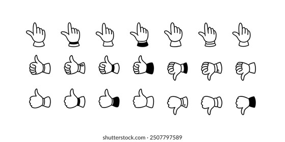 Cute line doodle like, dislike and choose icon set. Humb up hand. Mouse cursor. Good and bad experience, positive and negative feedback, recommend button, social media symbol