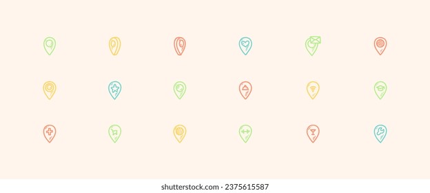 Cute line doodle map location pin icons set. Vector illustration in graffiti Japanese sketch style. Wifi, post office, restaurant, delivery, gym, university, doctor, store pinpoint