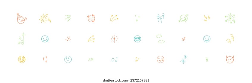 Cute line doodle pastel motion elements, stars, firework and emoticons. Chid and kids party vector illustration. Japanese manga comic style