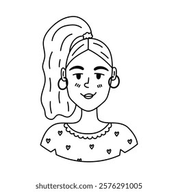 Cute line doodle portrait of young smiling girl with ponytail hairstyle, earrings, naive shirt with hearts. Hand drawn woman avatar for media, design, poster. Female character isolated on white.