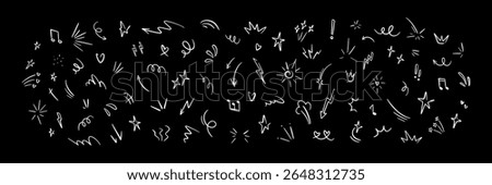 Cute line doodle scribble on the black chalkboard. Childish crayon drawing. Star, heart, sun, arrow shape vector illustration. Glitter, twinkle, spark kid handwritten sketch elements and icons