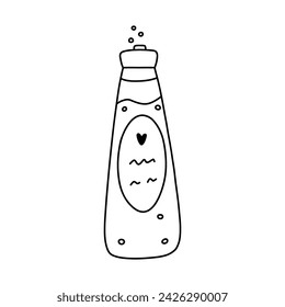 Cute line doodle of shower gel, shampoo, foam with label. Funny bath and shower cosmetic. Plastic bottle of cherry gel for skincare. Simple clipart with hand drawn outline isolated on white.