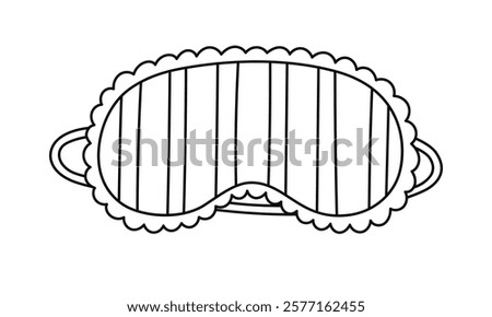 Cute line doodle sleeping mask with lace and vertical stripes pattern. Trendy girly striped eye mask. Hand drawn bedtime accessory for good dreaming to prevent fatigue isolated on white background.