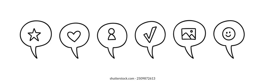 Cute line doodle social media reaction icon set. Speech bubble with heart, star, picture, check, emoticon. Follow, share, appreciate, read message, feedback, recommend symbol