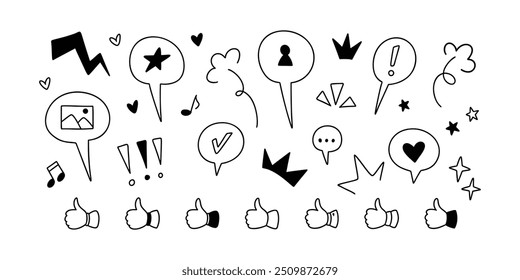 Cute line doodle social media like icons. Handwriting speech bubbles, text boxes, like, feedback, follow, subscribe illustrations. Kid, children party, birthday, anniversary invitation design elements