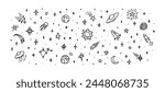 Cute line doodle space background. Hand drawn planets, sun, moon, stars, spaceship collection. Childish drawing cosmic illustration. Crayon, ink, pencil drawing. Night starry sky