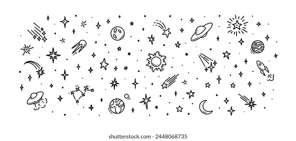 Cute line doodle space background. Hand drawn planets, sun, moon, stars, spaceship collection. Childish drawing cosmic illustration. Crayon, ink, pencil drawing. Night starry sky