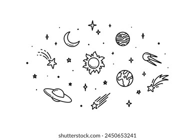 Cute line doodle space background. Childish illustration. Hand drawn planets, sun, moon, stars, satellite. Saturn rings. Sketch twinkle, starburst, sparks. Night starry sky