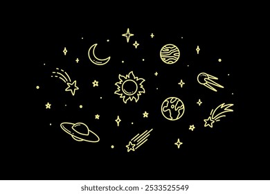 Fundo de espaço de doodle de linha bonito. Ilustração infantil. Planetas desenhados à mão, sol, lua, estrelas, satélite. Anéis de Saturno. Esboço cintilante, estelar, faíscas. Céu estrelado noturno.