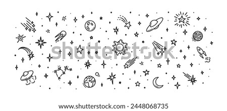 Cute line doodle space background. Hand drawn planets, sun, moon, stars, spaceship collection. Childish drawing cosmic illustration. Crayon, ink, pencil drawing. Night starry sky