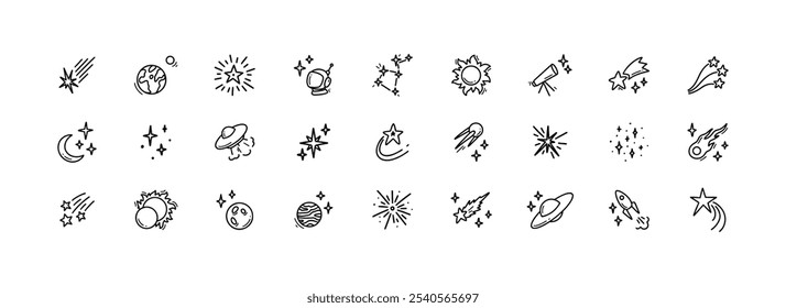 Cute line doodle space icons set. Hand drawn linear simple cosmic design elements. Rocket, sun, moon, planet, falling stars contour illustrations. Childish crayon drawing. Solar system