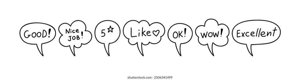 Cute line doodle speech bubble set. Text boxes, cloud, dialog, message, thought handwriting illustration. Positive feedback icons. Nice job, wow, ok, like words. Crayon scribble