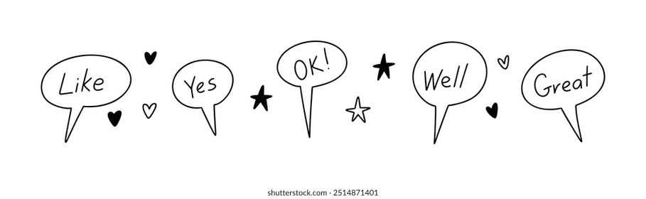 Conjunto de bolhas de fala de rabiscar de linha bonita. Caixas de texto, nuvem, diálogo, mensagem, ilustração de manuscrito de pensamento. Ícones de comentários positivos. Sim, ótimo, ok, bem, como palavras. Rabisco de giz de cera