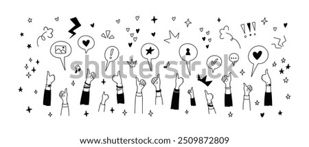 Cute line doodle thumb up hands design elements. Birthday party, school, music festival, celebration, event design illustration. Kid childish crayon scribble. Handwriting glitter and confetti