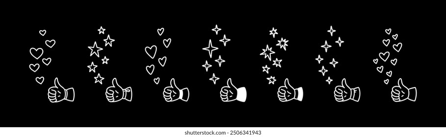 Cute line doodle thumb up icon. Positive reaction for social media post, live stream, book, online shopping experience. Handwriting falling stars, bling, sparks, glitter, hears, twinkle