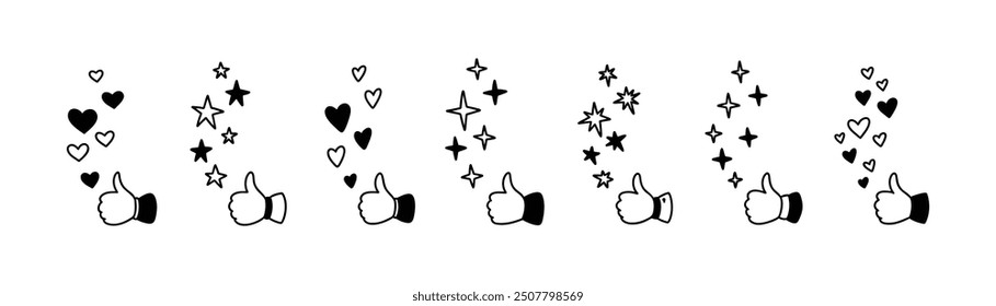 Linda línea doodle pulgar hacia arriba icono. Reacción positiva para publicación en redes sociales, transmisión en vivo, libro, experiencia de compra en línea. Estrellas que caen, bling, chispas, brillo, oídos, centelleo