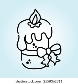 A cute line drawing of a birthday candle with melting wax and a decorative bow.  Perfect for festive occasions.