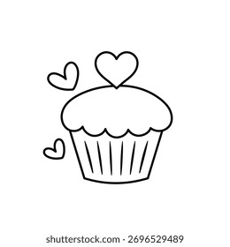 Lindo dibujo de línea de un cupcake con corazones, Ilustración vectorial