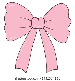 Cute Line drawing of gift ribbon Coquette Pink Bow. Vector Hand drawn Bow. Pink Thin Bowknot for Gift. Ribbon editable stroke for present. Doodle Pink Bow in y2k style.Coquette Aesthetic.Vintage Bow C