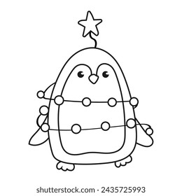 Cute line drawing of a penguin rolled in Christmas lights. Winter animal for coloring book. Isolated on white.