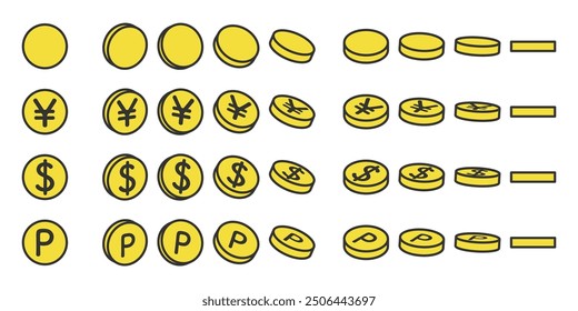 Cute line drawing simple dollar, yen and point coin illustrations. Set of various angles. Vector illustration.