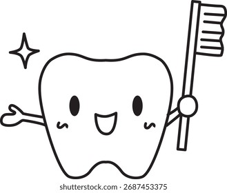 Desenho de linha bonito de um dente com uma escova de dentes. Ilustração de vetor.