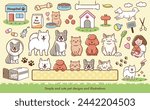 Cute line drawing vector illustration set of dog, cat, pet with walking, running and owner.