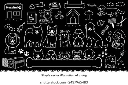 Cute line drawing vector illustration set of dog (canine) and pet with walking, running and owner.