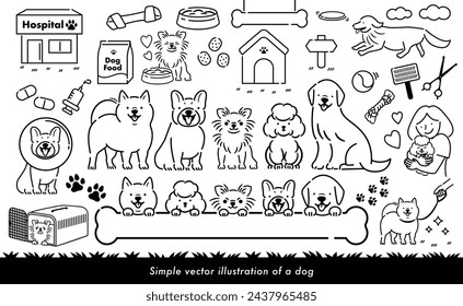 Cute line drawing vector illustration set of dog (canine) and pet with walking, running and owner.