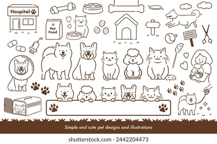 Cute line drawing vector illustration set of dog, cat, pet with walking, running and owner_light brown