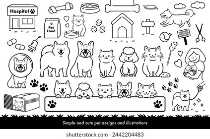 Cute line drawing vector illustration set of dog, cat, pet with walking, running and owner_monotone