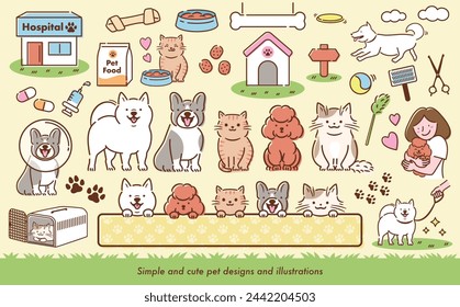 Cute line drawing vector illustration set of dog, cat, pet with walking, running and owner.