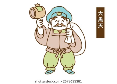 Cute line drawing vector illustration of the Seven Lucky Gods Daikokuten